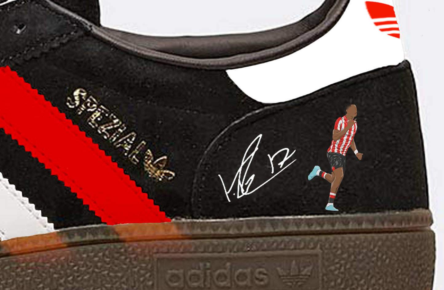 Limited edition Brentford FC Ivan Toney inspired Black / Red / white suede adidas handball spezial trainers