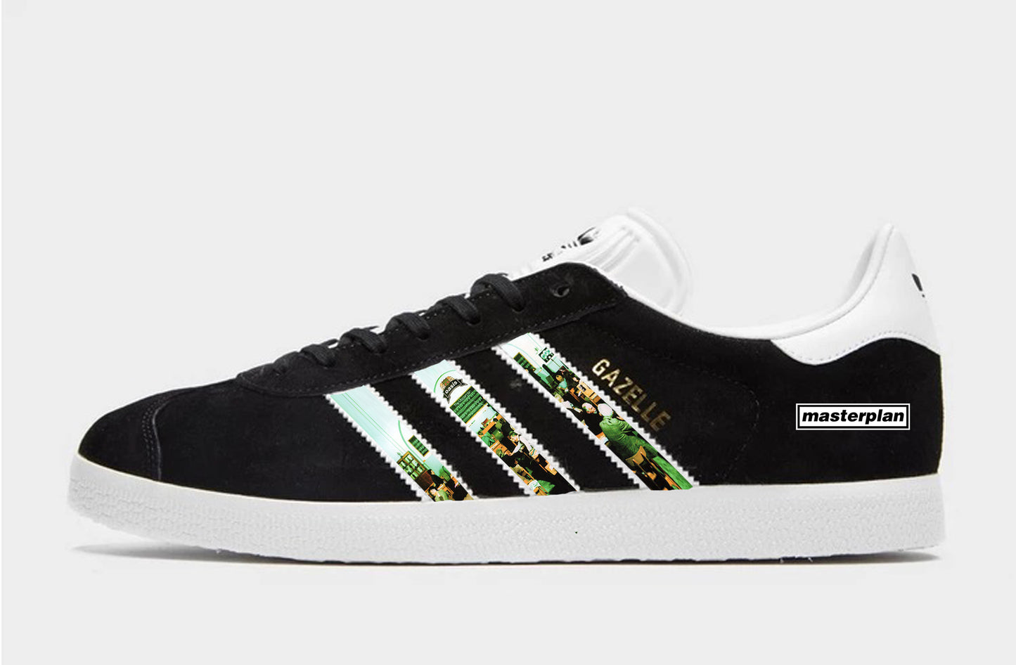 Limited edition Oasis The Masterplan inspired Black Adidas custom Gazelle trainers / sneakers