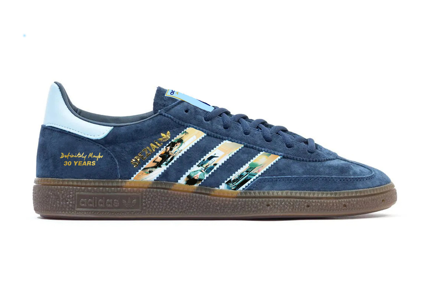 Limited edition Oasis Definitely maybe Liam Gallagher tour 2024 inspired blue /white Adidas custom Handball Spezial trainers / sneakers