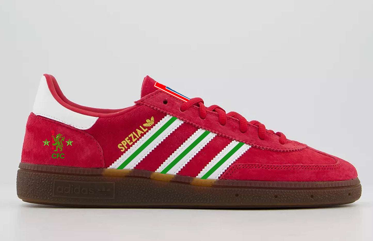 Limited edition Chelsea FC Retro 70s kit Red / white / Green suede Adidas custom Handball Spezial trainers / sneakers