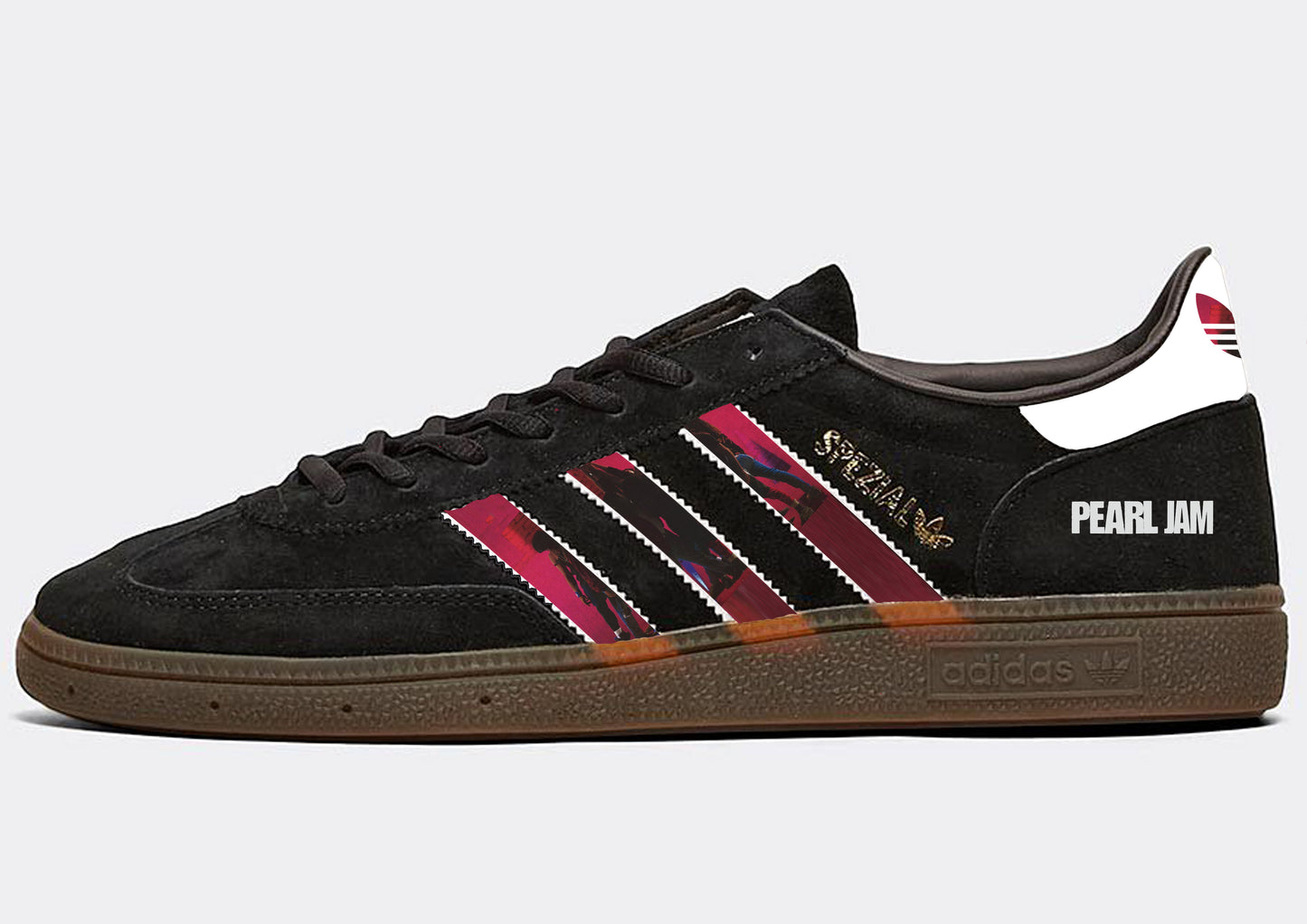 Limited edition Pearl Jam TEN inspired black / white Adidas custom Handball Spezial trainers / sneakers