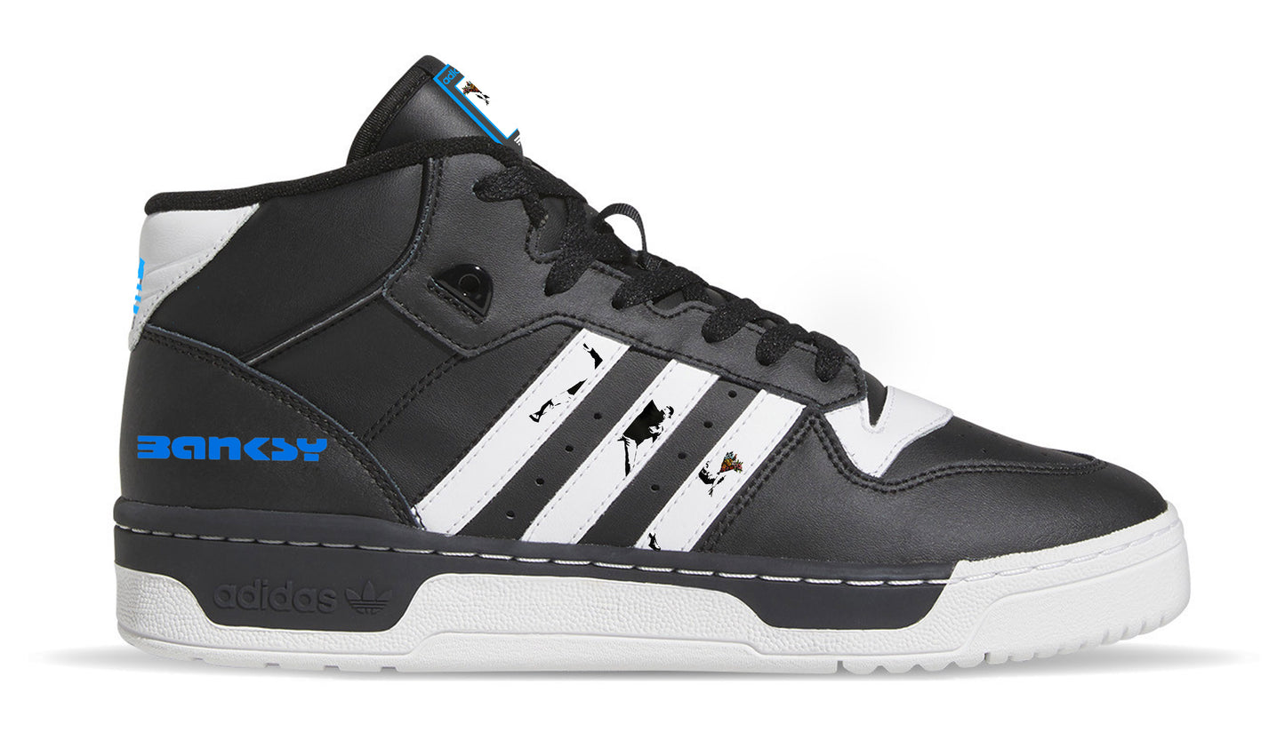 Limited edition Banksy Flower Thrower black/ white/ blue Adidas custom Rivalry Mid trainers / sneakers