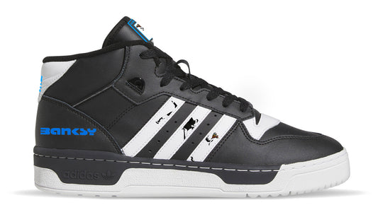 Limited edition Banksy Flower Thrower black/ white/ blue Adidas custom Rivalry Mid trainers / sneakers