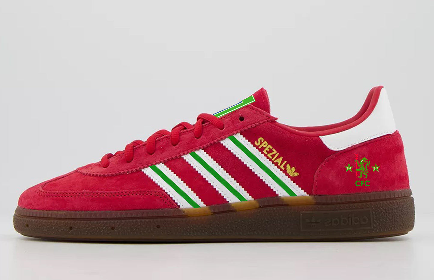 Limited edition Chelsea FC Retro 70s kit Red / white / Green suede Adidas custom Handball Spezial trainers / sneakers