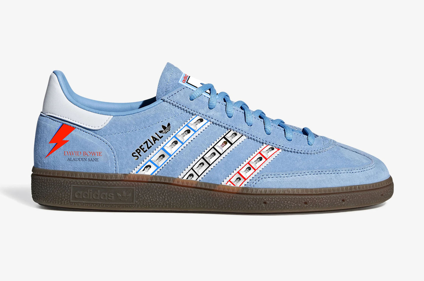 Limited edition David Bowie Aladdin Sane blue / white suede Adidas Handball Spezial trainers / sneakers