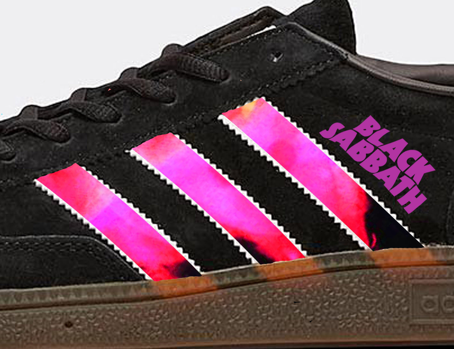 Limited edition Black Sabbath Ozzy Osbourne inspired black / purple Adidas custom Handball Spezial trainers / sneakers
