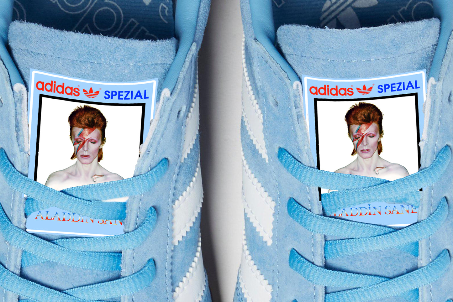 Limited edition David Bowie Aladdin Sane blue / white suede Adidas Handball Spezial trainers / sneakers
