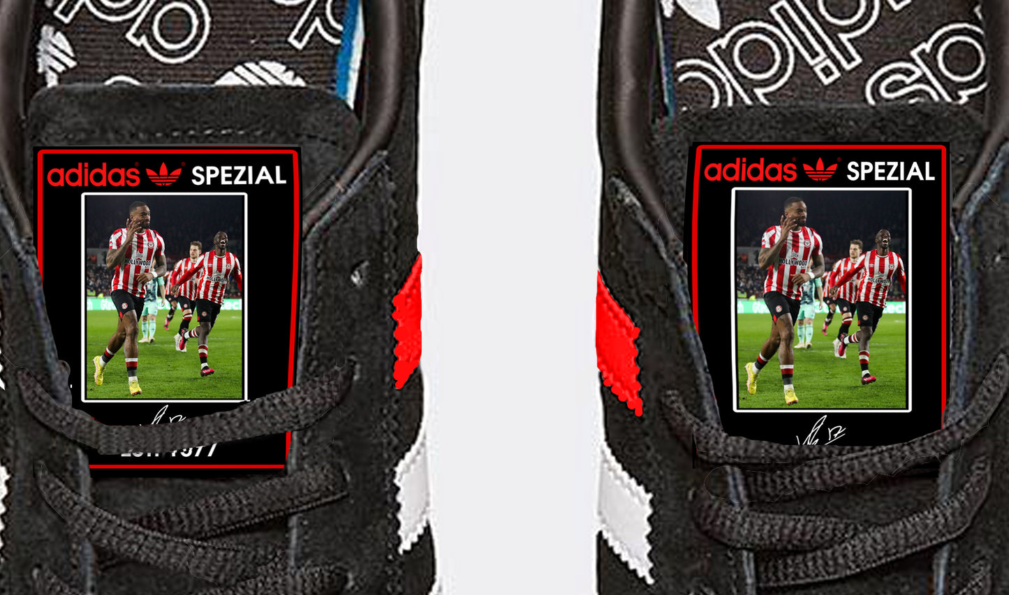 Limited edition Brentford FC Ivan Toney inspired Black / Red / white suede adidas handball spezial trainers