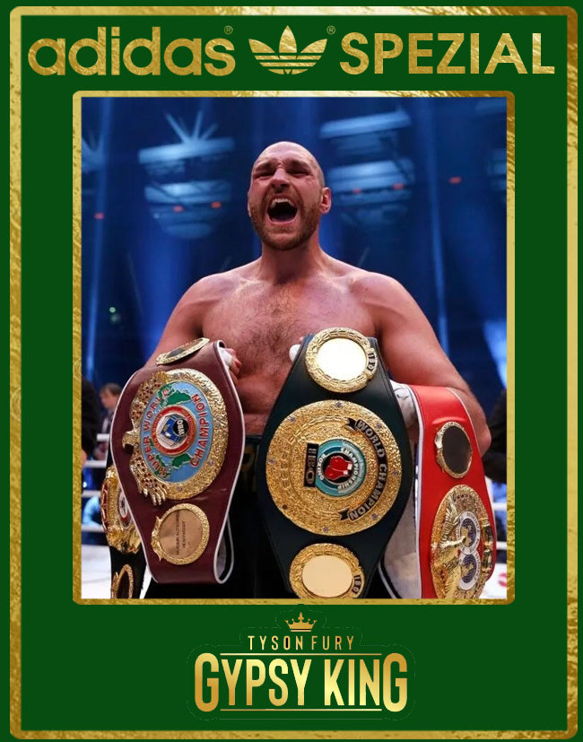 Limited edition Tyson Fury inspired Black / Gold / Green Adidas custom Handball Spezial trainers / sneakers