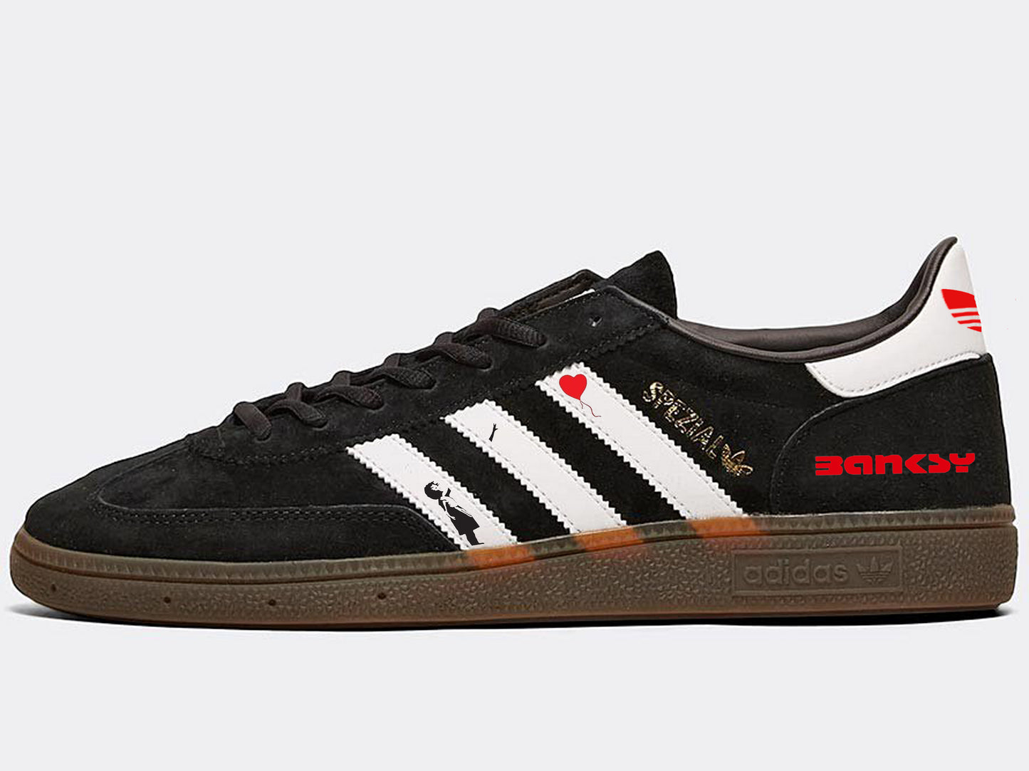 Limited edition Banksy Balloon Girl black/ white/ red Adidas custom Handball Spezial trainers / sneakers