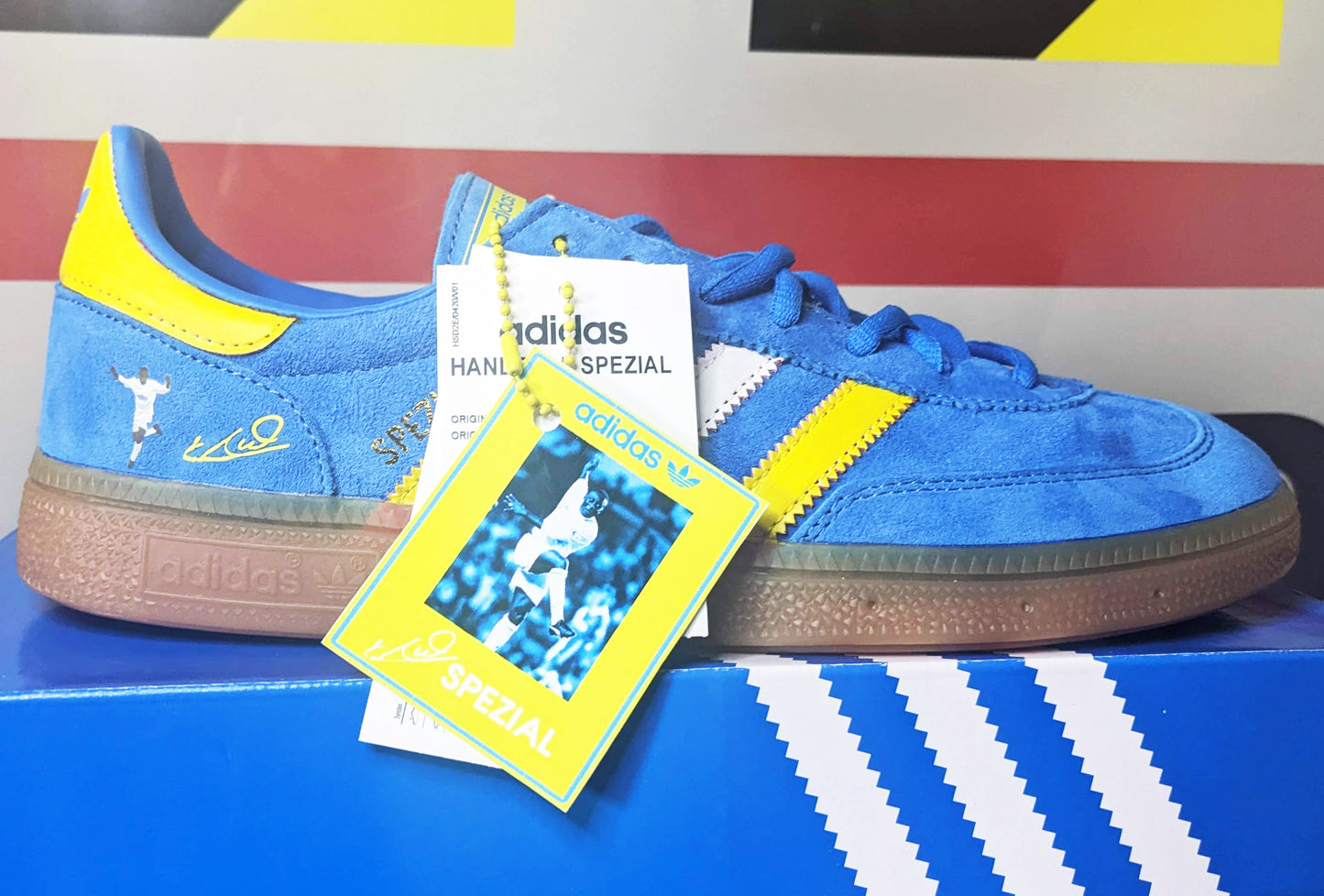 Limited edition Leeds United FC retro Tony Yeboah inspired blue /yellow Adidas custom Handball Spezial trainers / sneakers