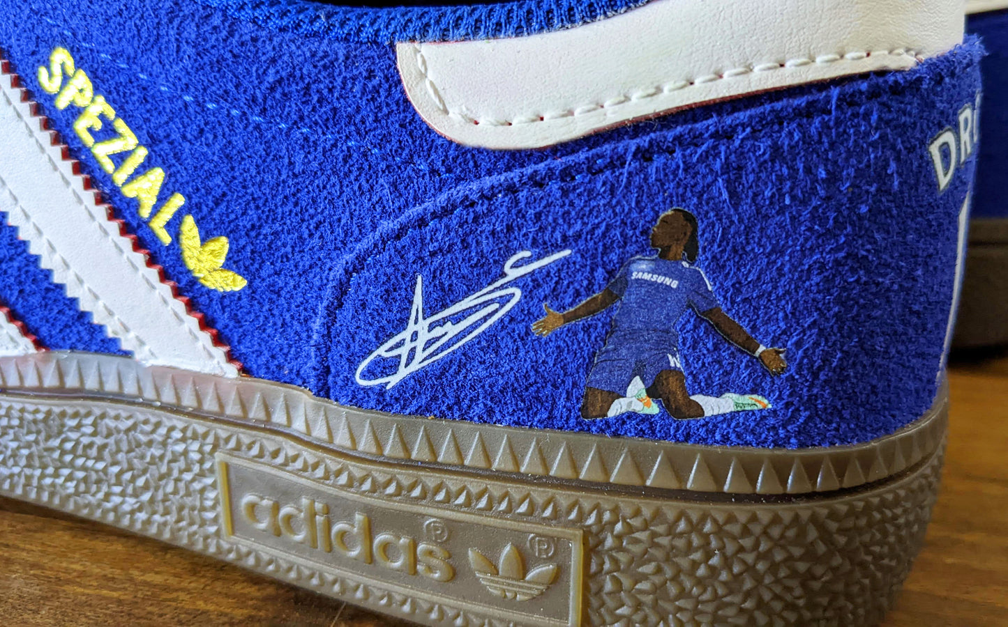 Limited edition Chelsea FC Didier Drogba inspired blue /white/ suede Adidas custom Handball Spezial trainers / sneakers