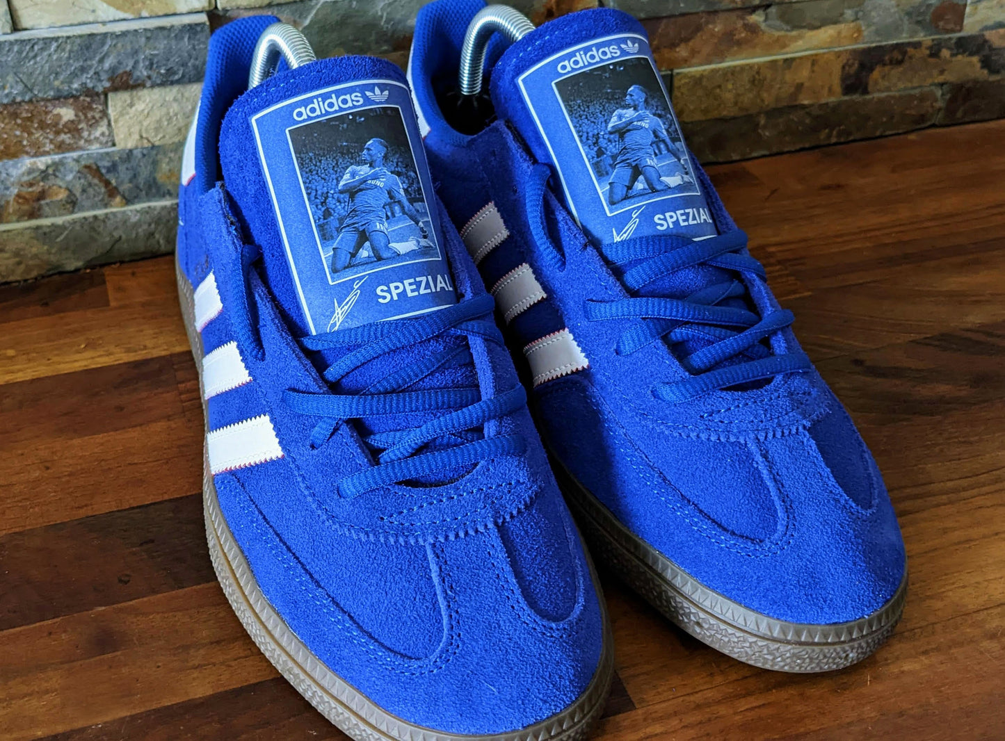 Limited edition Chelsea FC Didier Drogba inspired blue /white/ suede Adidas custom Handball Spezial trainers / sneakers