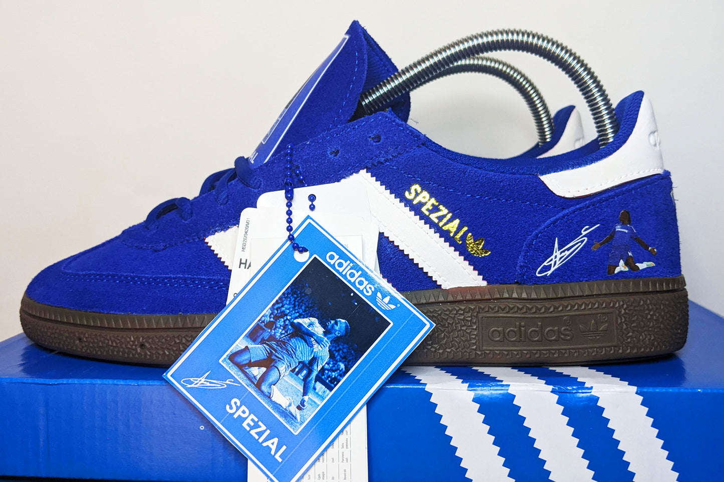 Limited edition Chelsea FC Didier Drogba inspired blue /white/ suede Adidas custom Handball Spezial trainers / sneakers