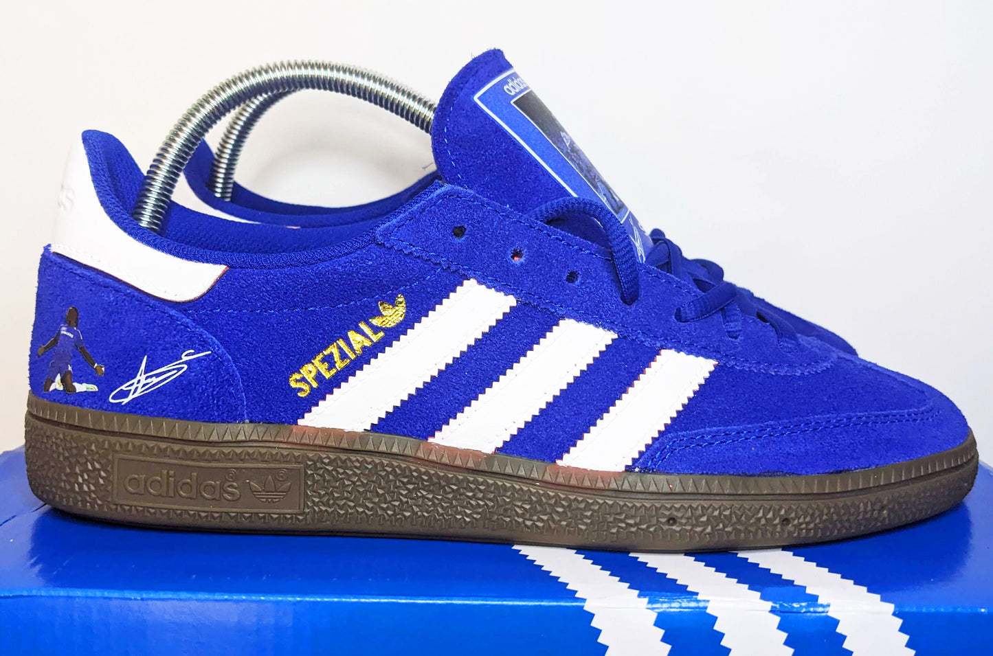 Limited edition Chelsea FC Didier Drogba inspired blue /white/ suede Adidas custom Handball Spezial trainers / sneakers