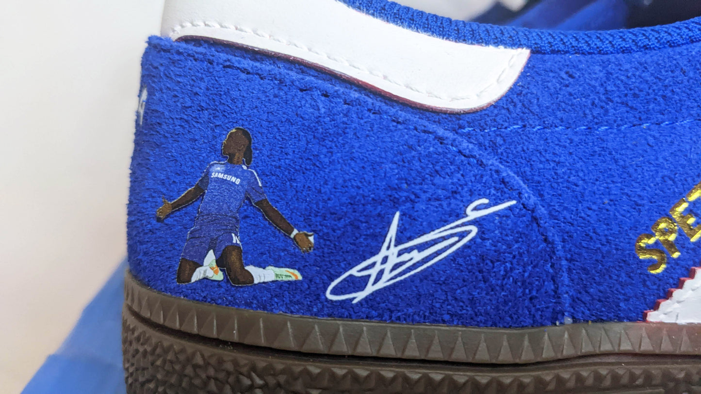Limited edition Chelsea FC Didier Drogba inspired blue /white/ suede Adidas custom Handball Spezial trainers / sneakers
