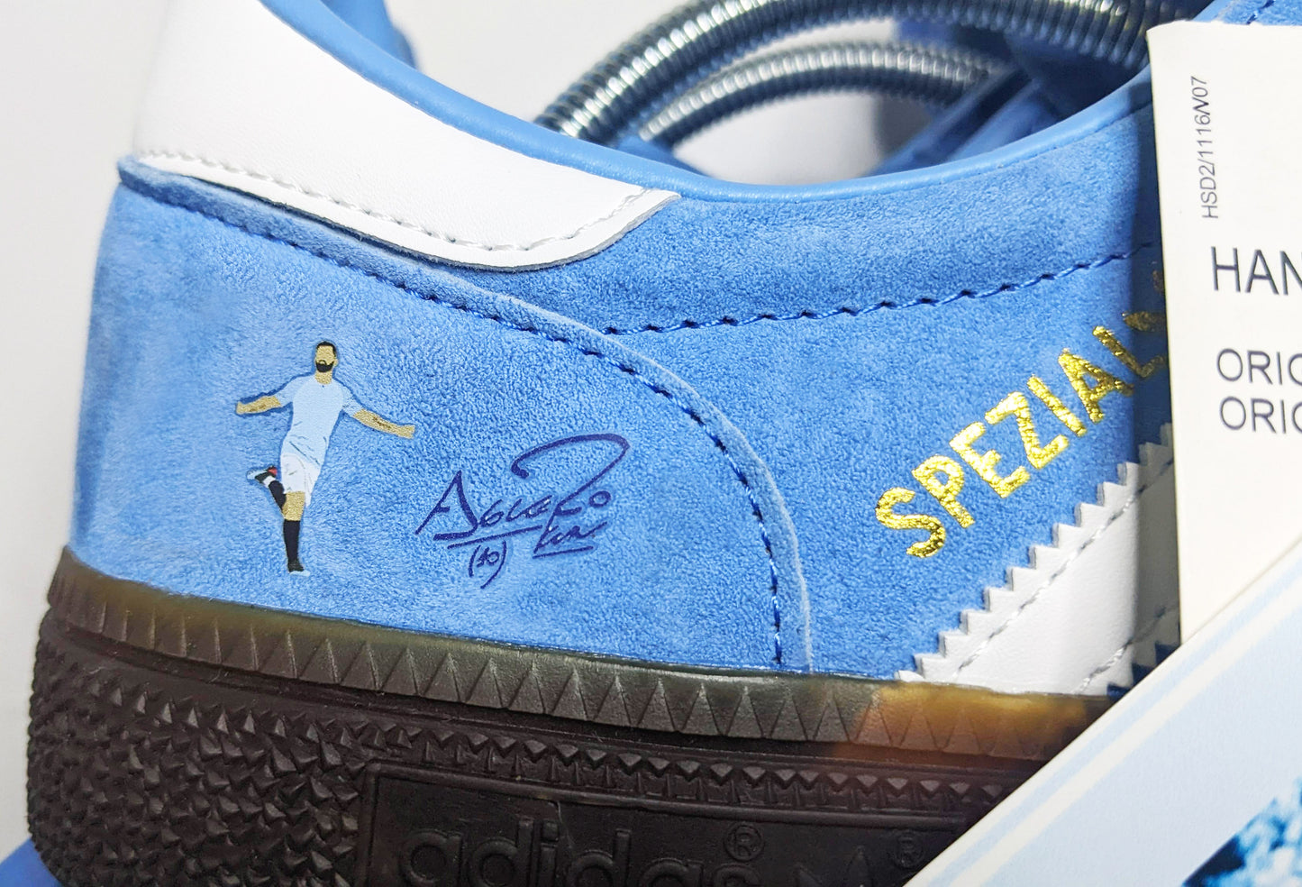 Limited edition Manchester City Sergio Aguero inspired Blue /White/ Adidas Handball Spezial trainers / sneakers