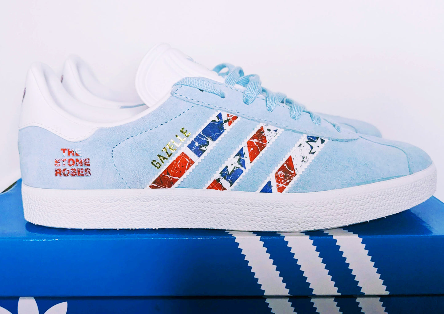 Limited edition The Stone Roses Waterfall light blue / white Adidas custom Gazelle trainers / sneakers