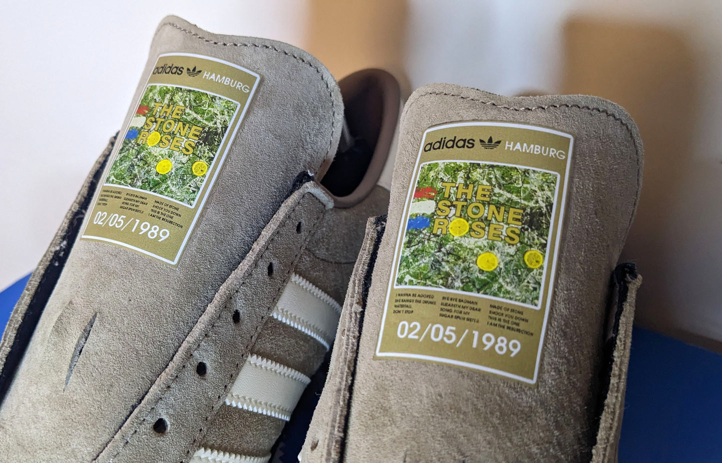 Limited edition The Stone Roses album chalky brown / white suede Adidas custom Hamburg trainers / sneakers