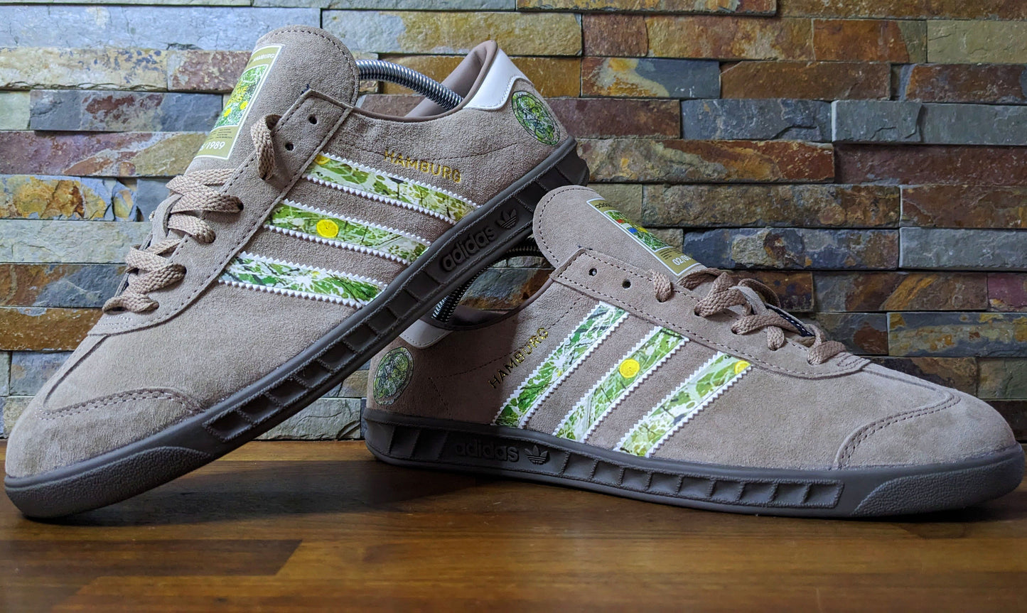 Limited edition The Stone Roses album chalky brown / white suede Adidas custom Hamburg trainers / sneakers