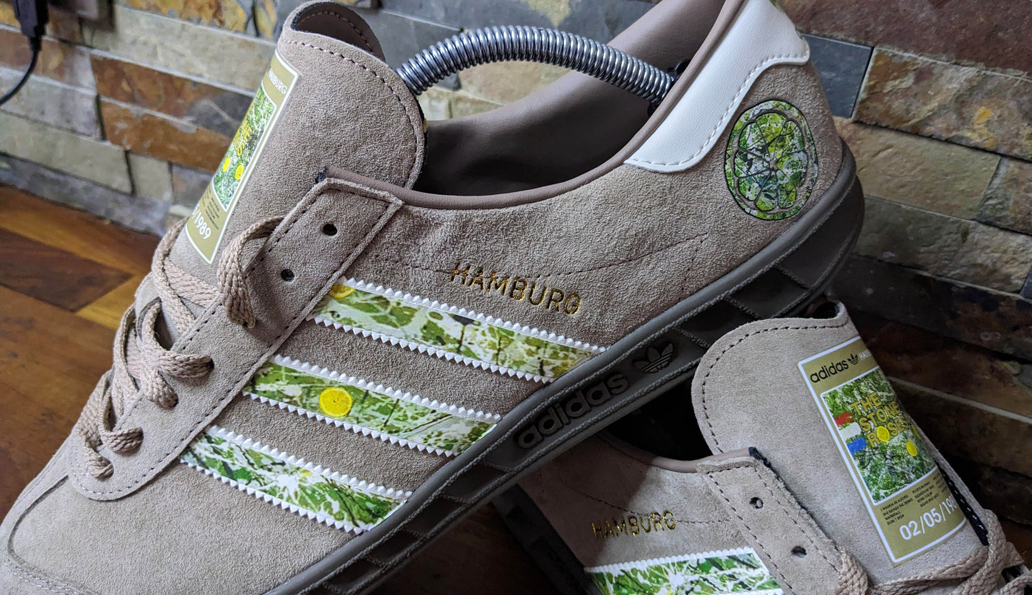 Limited edition The Stone Roses album chalky brown / white suede Adidas custom Hamburg trainers / sneakers