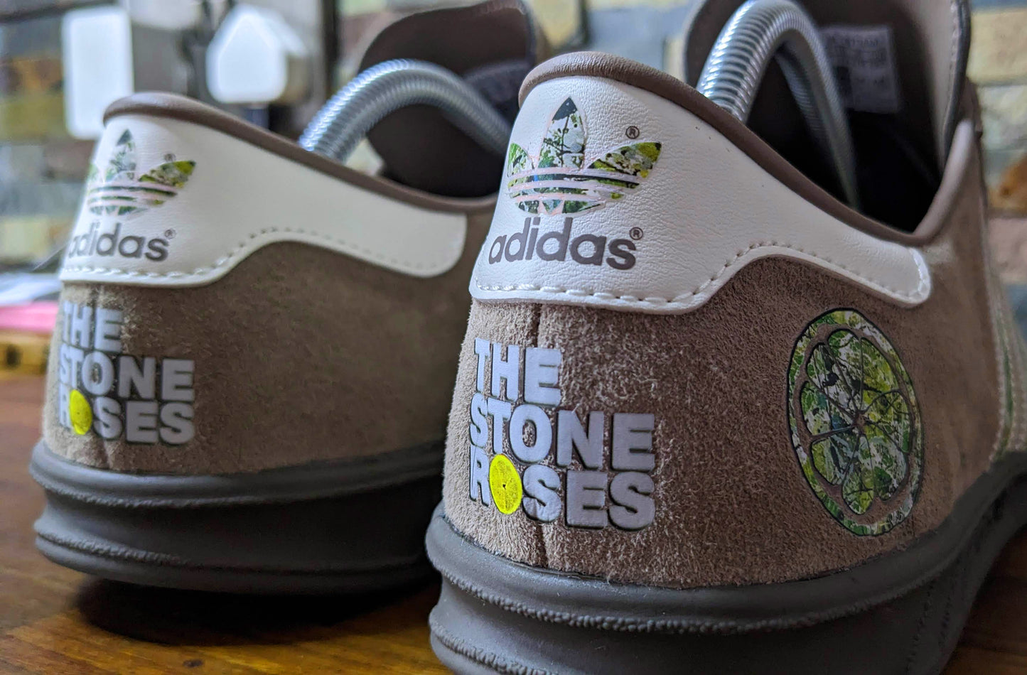 Limited edition The Stone Roses album chalky brown / white suede Adidas custom Hamburg trainers / sneakers