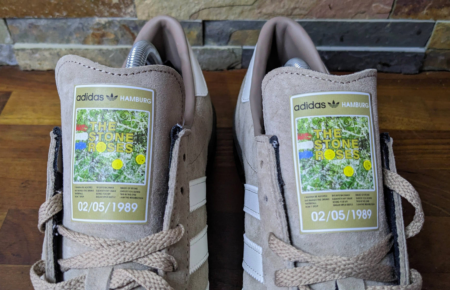 Limited edition The Stone Roses album chalky brown / white suede Adidas custom Hamburg trainers / sneakers