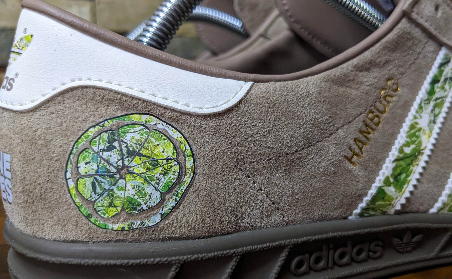Limited edition The Stone Roses album chalky brown / white suede Adidas custom Hamburg trainers / sneakers