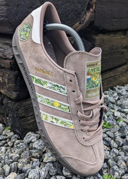 Limited edition The Stone Roses album chalky brown / white suede Adidas custom Hamburg trainers / sneakers
