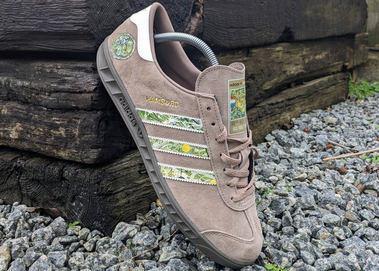 Limited edition The Stone Roses album chalky brown / white suede Adidas custom Hamburg trainers / sneakers