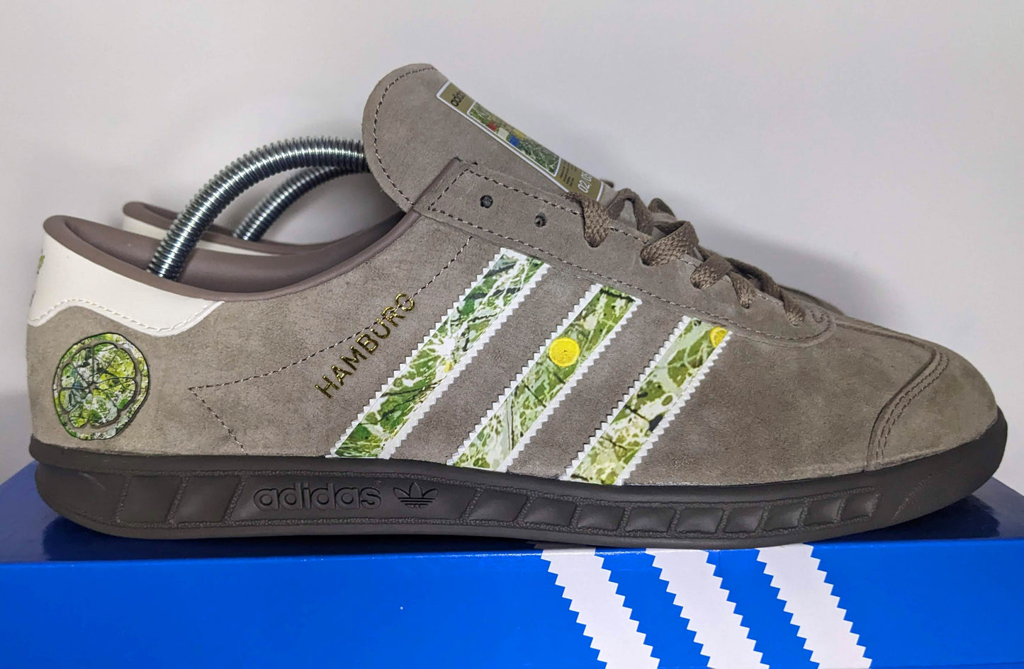 Limited edition The Stone Roses album chalky brown / white suede Adidas custom Hamburg trainers / sneakers