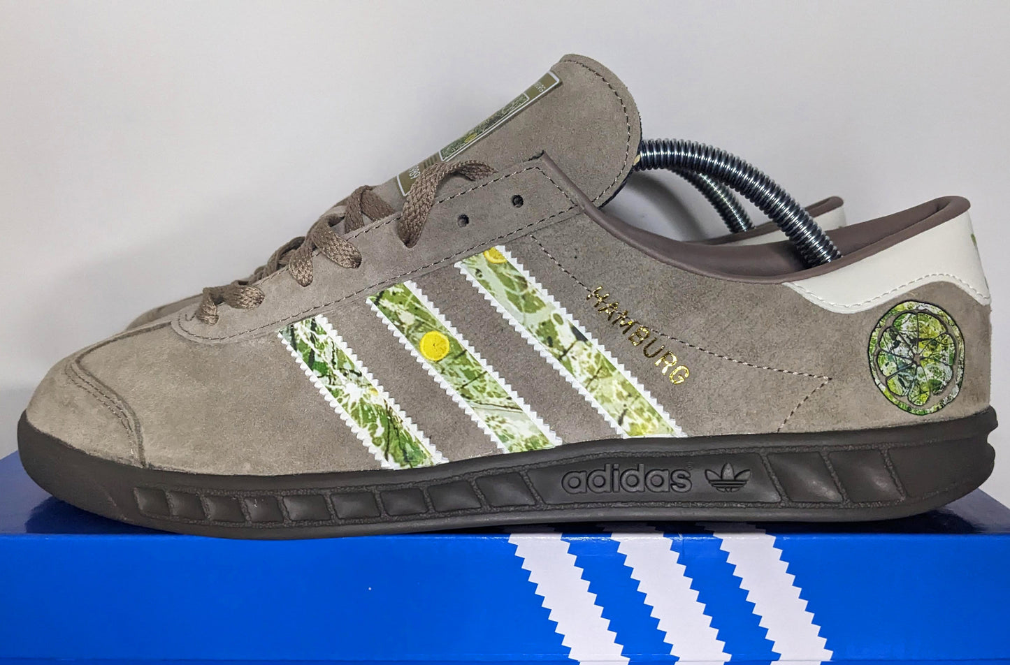 Limited edition The Stone Roses album chalky brown / white suede Adidas custom Hamburg trainers / sneakers
