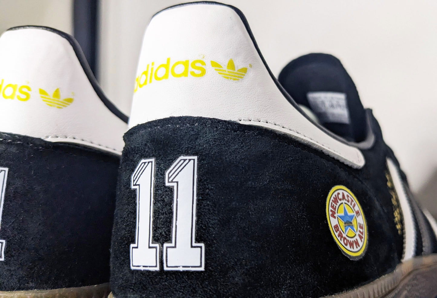 Limited edition retro Newcastle Tino Asprilia inspired Black /White/ Adidas custom Handball Spezial trainers / sneakers