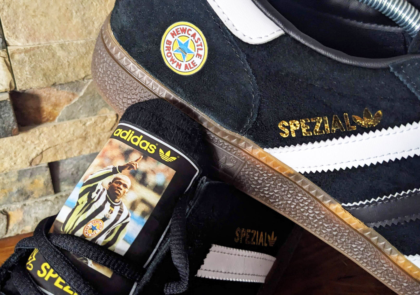 Limited edition retro Newcastle Tino Asprilia inspired Black /White/ Adidas custom Handball Spezial trainers / sneakers