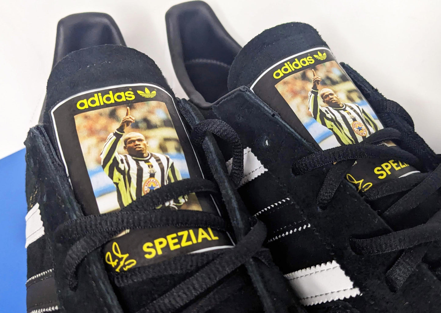 Limited edition retro Newcastle Tino Asprilia inspired Black /White/ Adidas custom Handball Spezial trainers / sneakers