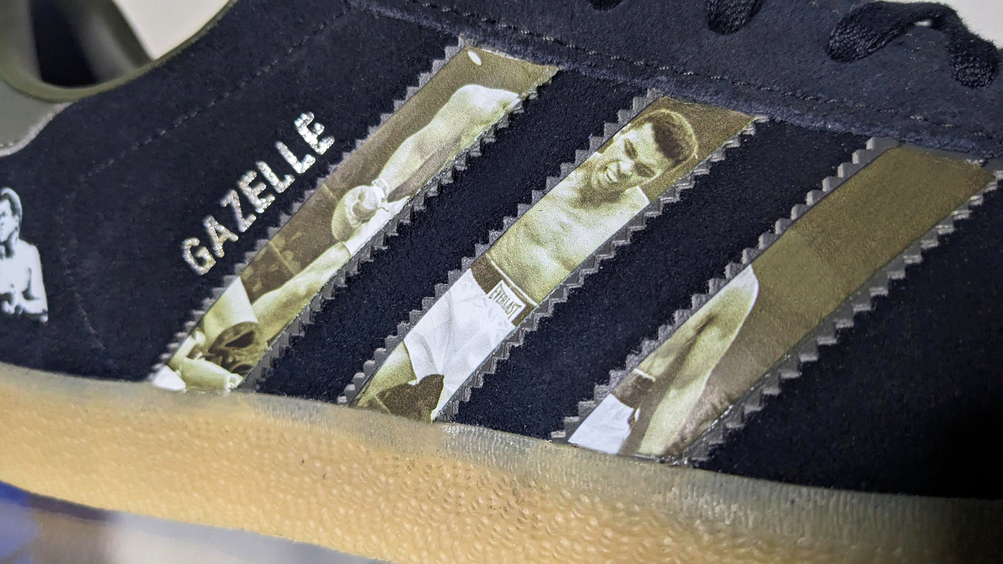 Limited edition Muhammad Ali inspired Black / Grey Adidas custom Gazelle trainers / sneakers