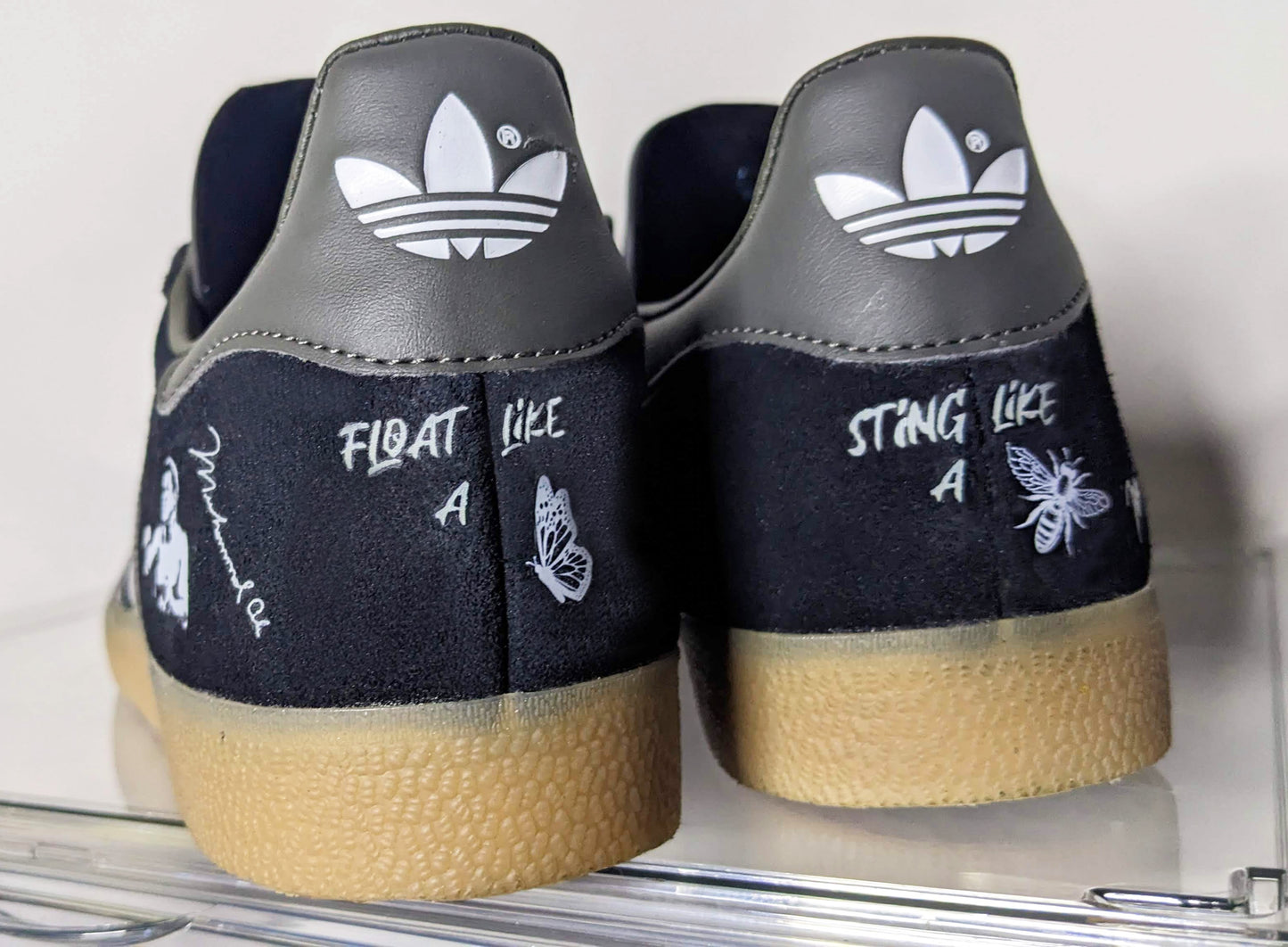 Limited edition Muhammad Ali inspired Black / Grey Adidas custom Gazelle trainers / sneakers