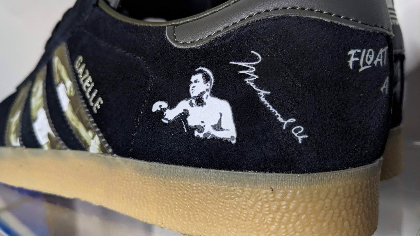 Limited edition Muhammad Ali inspired Black / Grey Adidas custom Gazelle trainers / sneakers