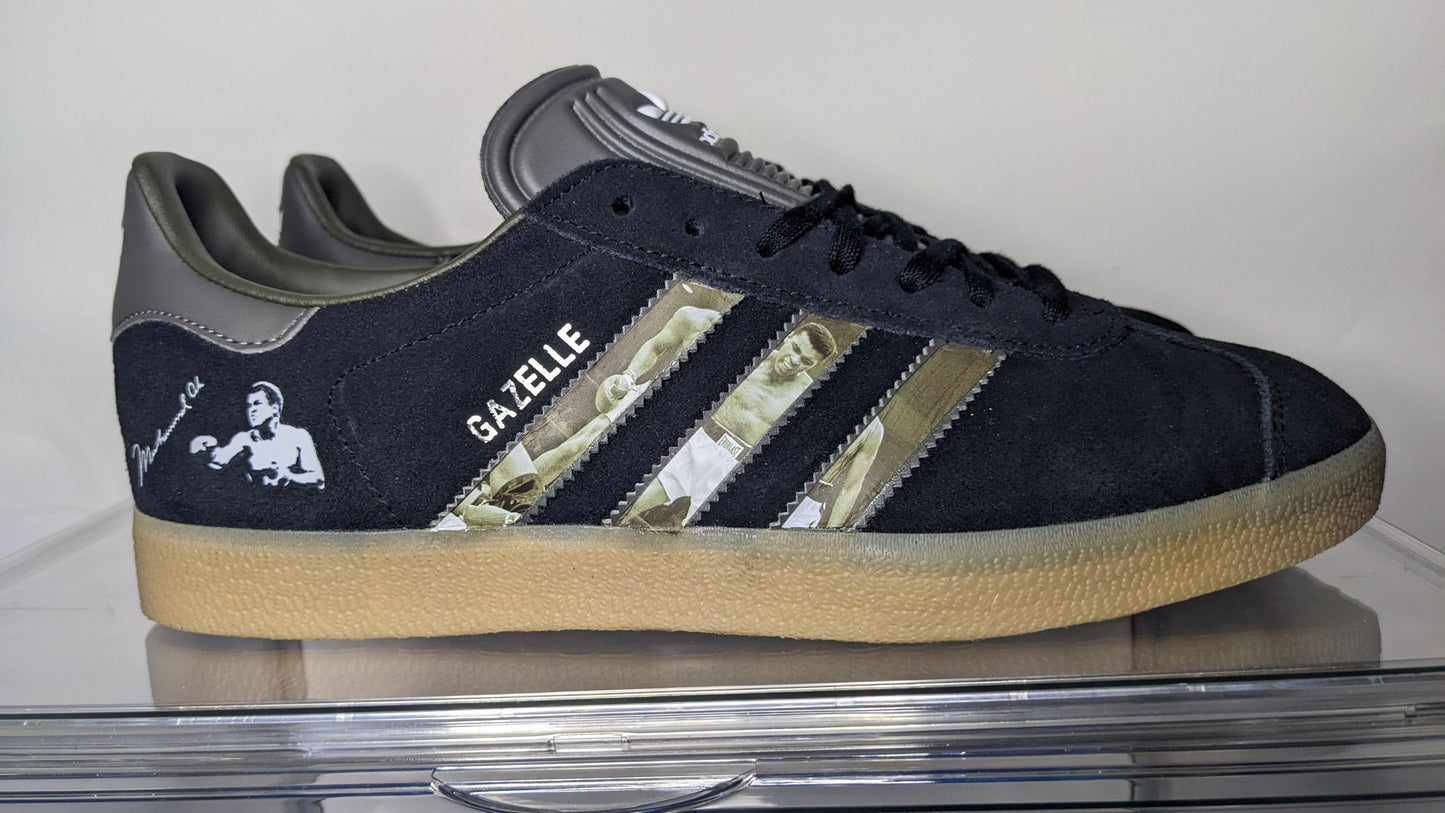 Limited edition Muhammad Ali inspired Black / Grey Adidas custom Gazelle trainers / sneakers