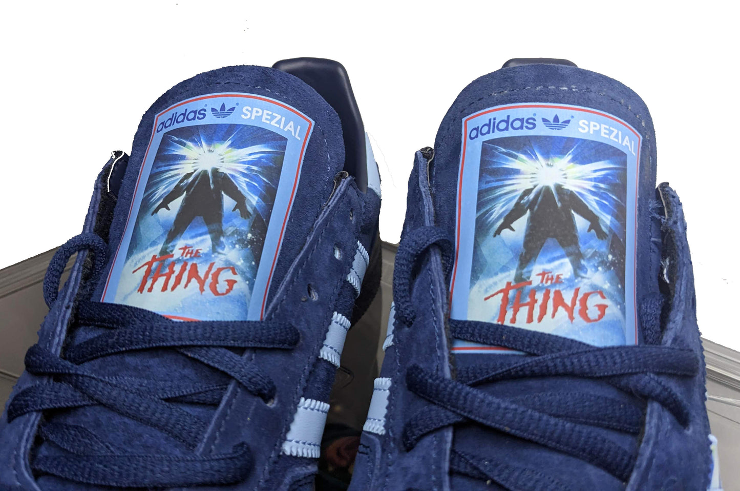 Limited edition John Carpenters The Thing movie inspired navy blue /sky blue Adidas custom Handball Spezial trainers / sneakers