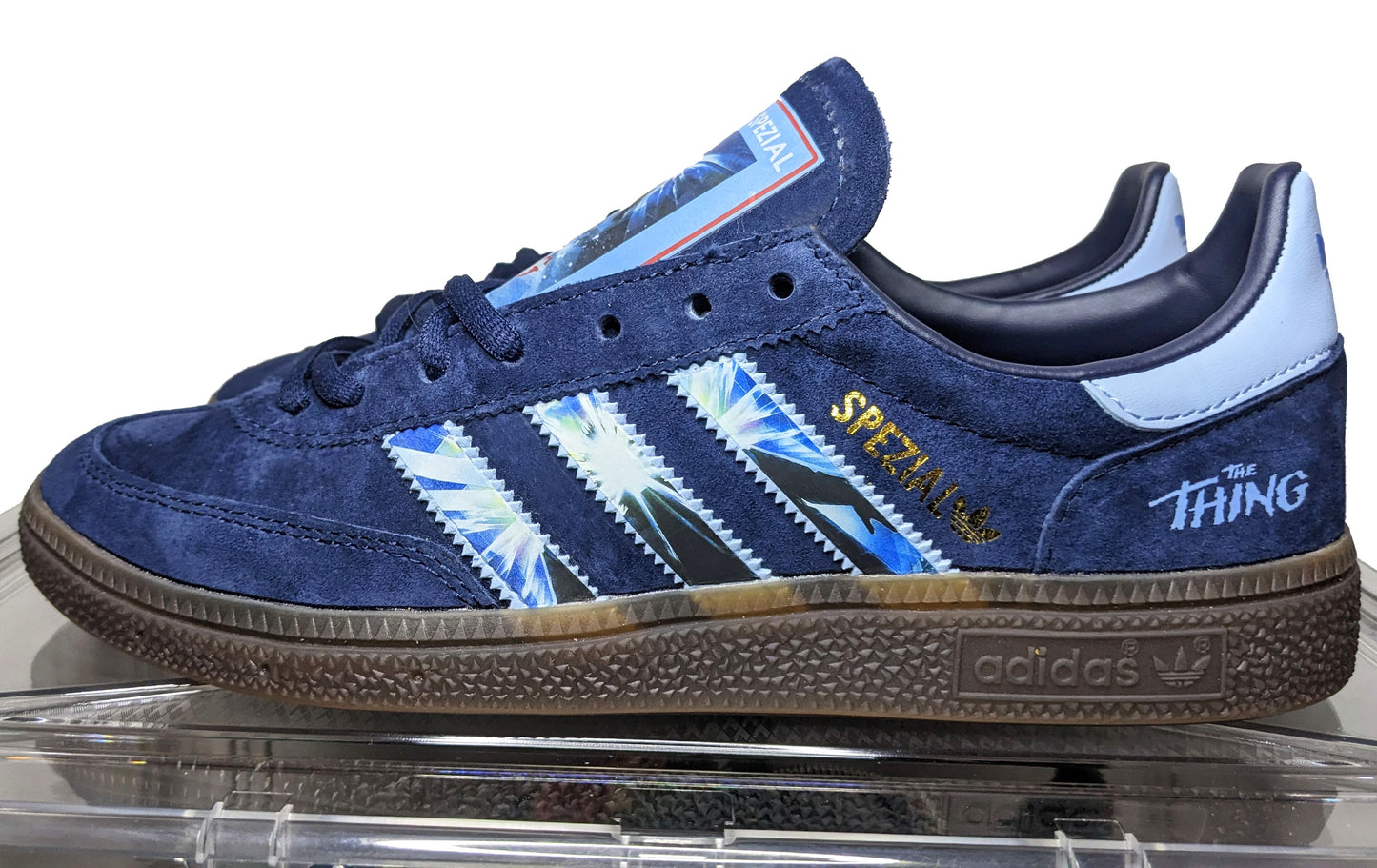 Limited edition John Carpenters The Thing movie inspired navy blue /sky blue Adidas custom Handball Spezial trainers / sneakers