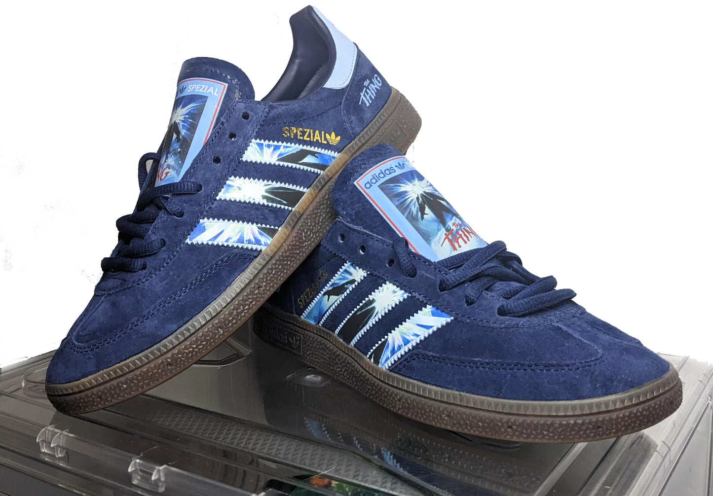 Limited edition John Carpenters The Thing movie inspired navy blue /sky blue Adidas custom Handball Spezial trainers / sneakers