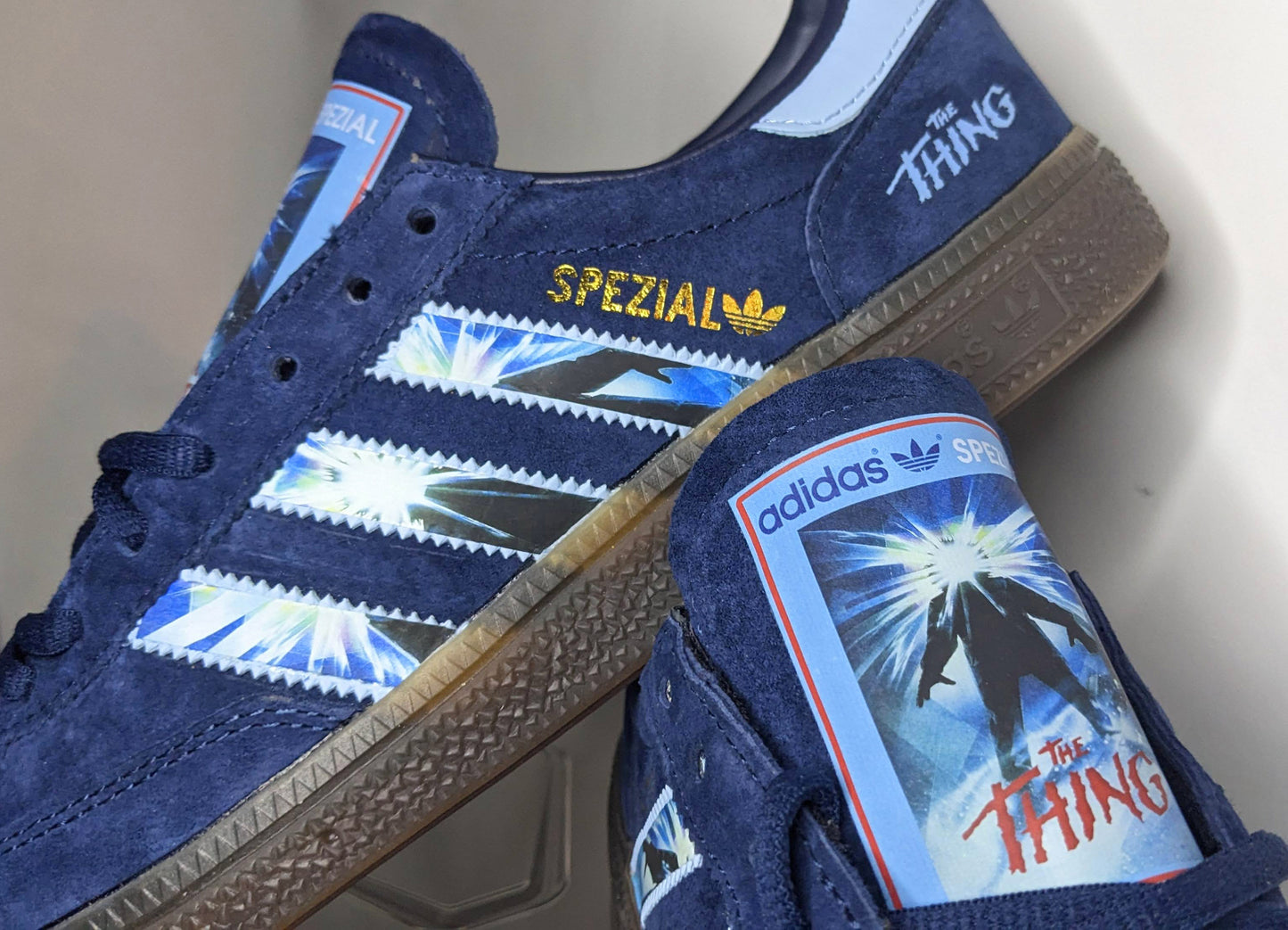 Limited edition John Carpenters The Thing movie inspired navy blue /sky blue Adidas custom Handball Spezial trainers / sneakers