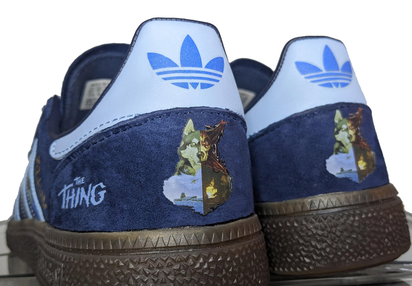 Limited edition John Carpenters The Thing movie inspired navy blue /sky blue Adidas custom Handball Spezial trainers / sneakers