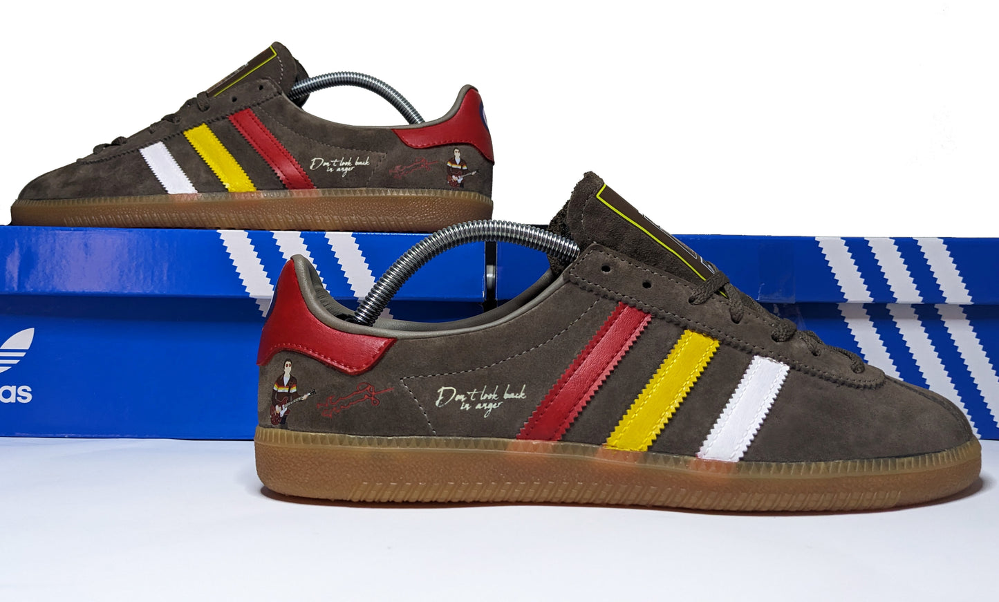 Limited edition Oasis Don`t look back in anger video inspired brown / red / yellow / white Adidas custom Originals trainers / sneakers