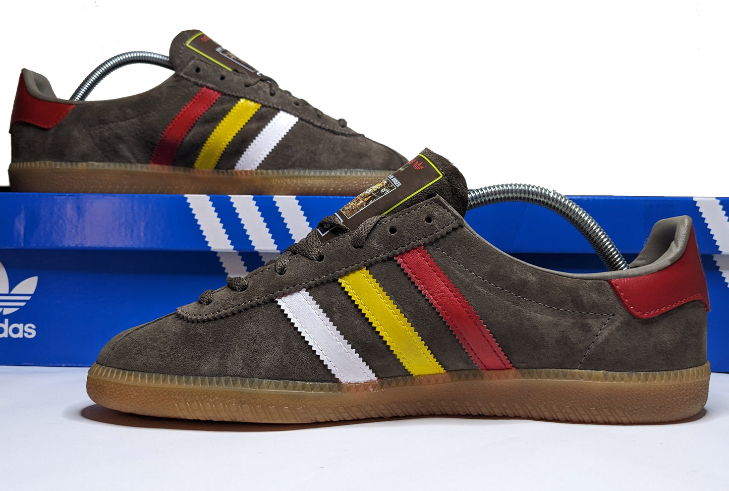Limited edition Oasis Don`t look back in anger video inspired brown / red / yellow / white Adidas custom Originals trainers / sneakers