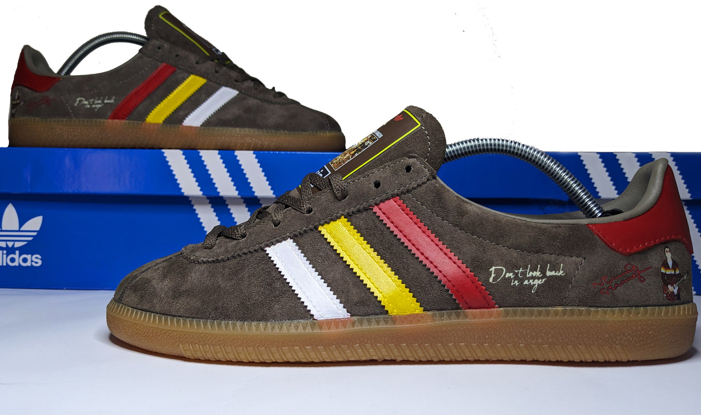 Limited edition Oasis Don`t look back in anger video inspired brown / red / yellow / white Adidas custom Originals trainers / sneakers