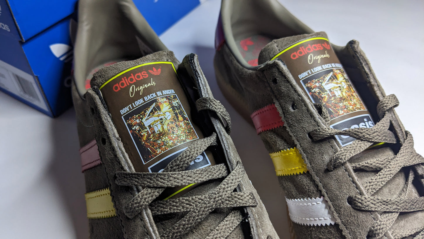 Limited edition Oasis Don`t look back in anger video inspired brown / red / yellow / white Adidas custom Originals trainers / sneakers