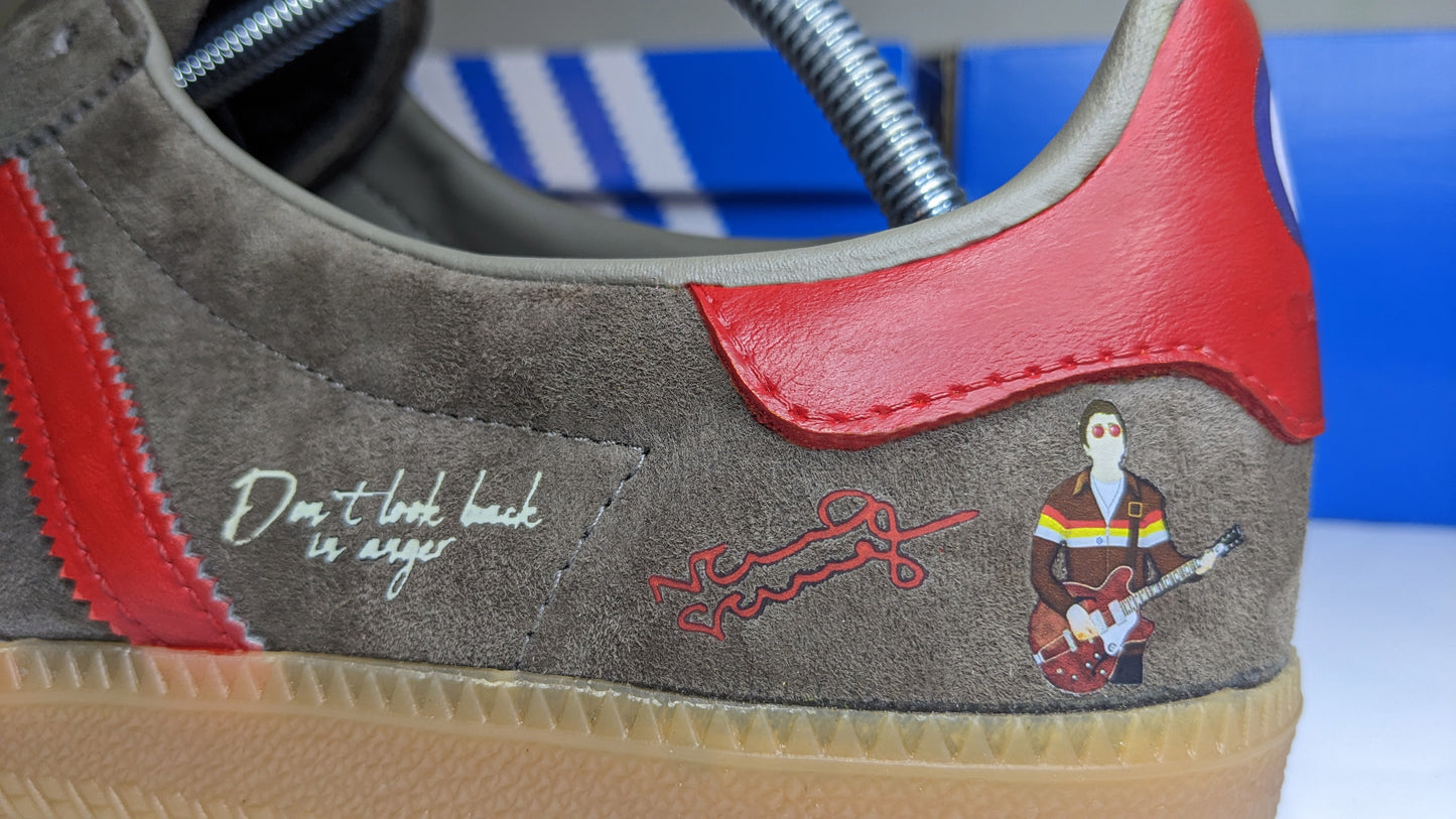 Limited edition Oasis Don`t look back in anger video inspired brown / red / yellow / white Adidas custom Originals trainers / sneakers