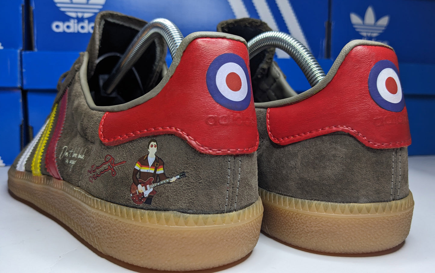 Limited edition Oasis Don`t look back in anger video inspired brown / red / yellow / white Adidas custom Originals trainers / sneakers